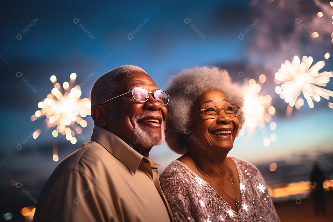 Casal de idosos lindo e felizes vendo fogos de virada de ano