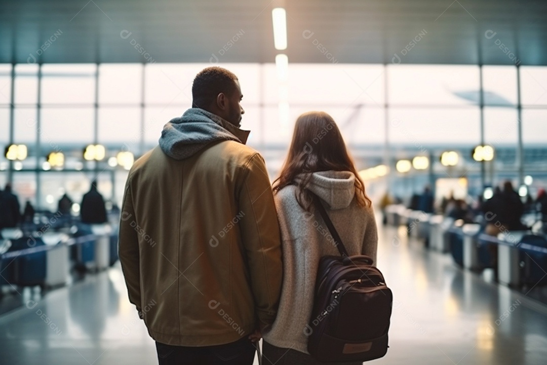 No aeroporto um casal apaixonado aproveita o tempo