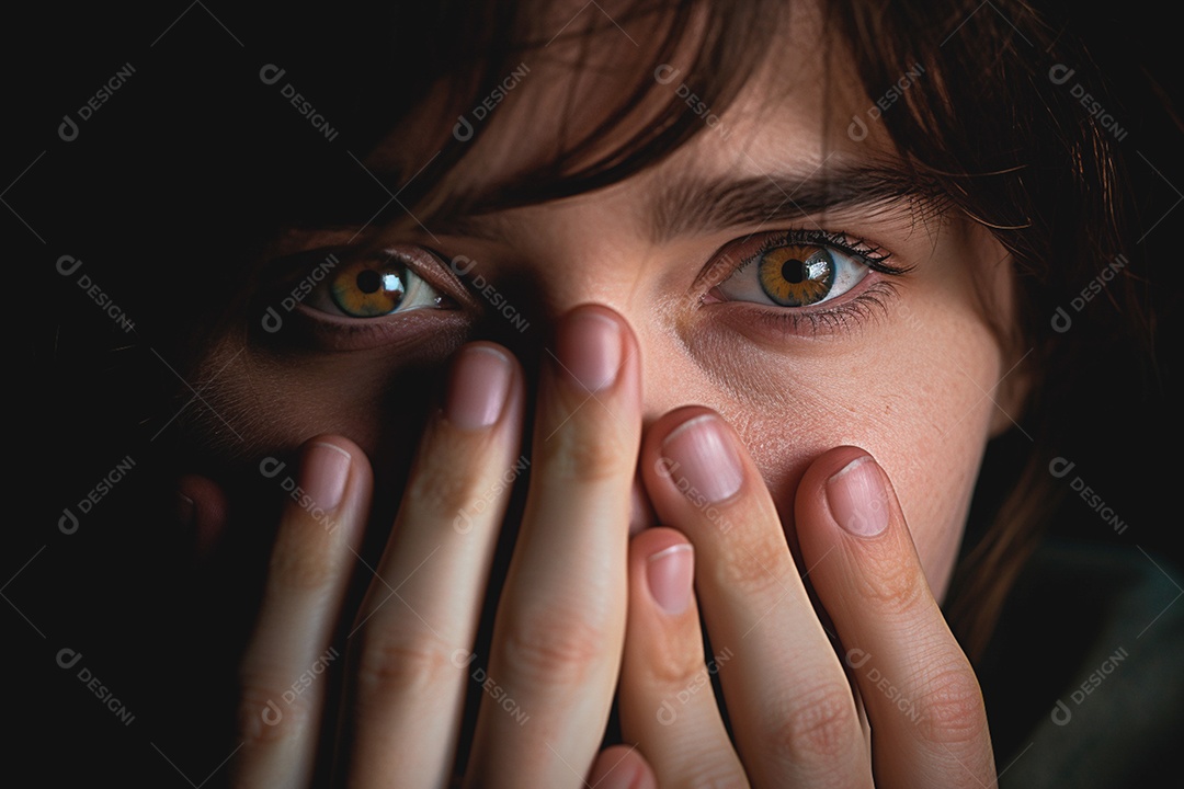 Mulher cobrindo a boca em sinal de que está com medo