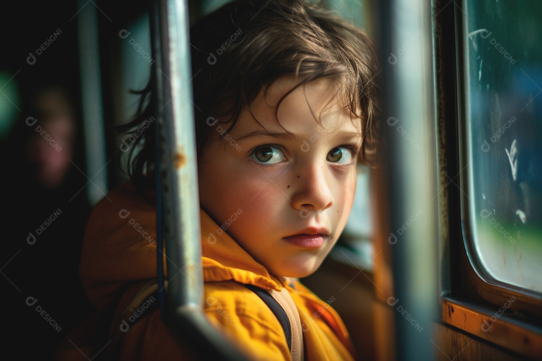 Estudante no ônibus escolar com expressão preocupada devido ao bullying