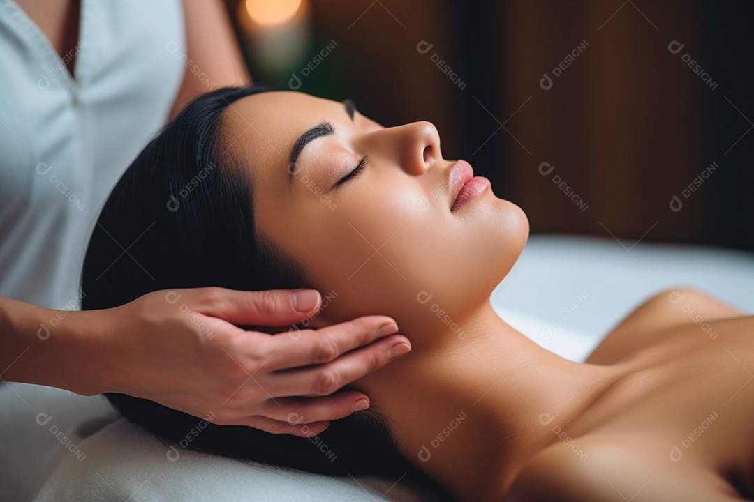 Mulher com expressão feliz recebendo massagem facial de um profissional