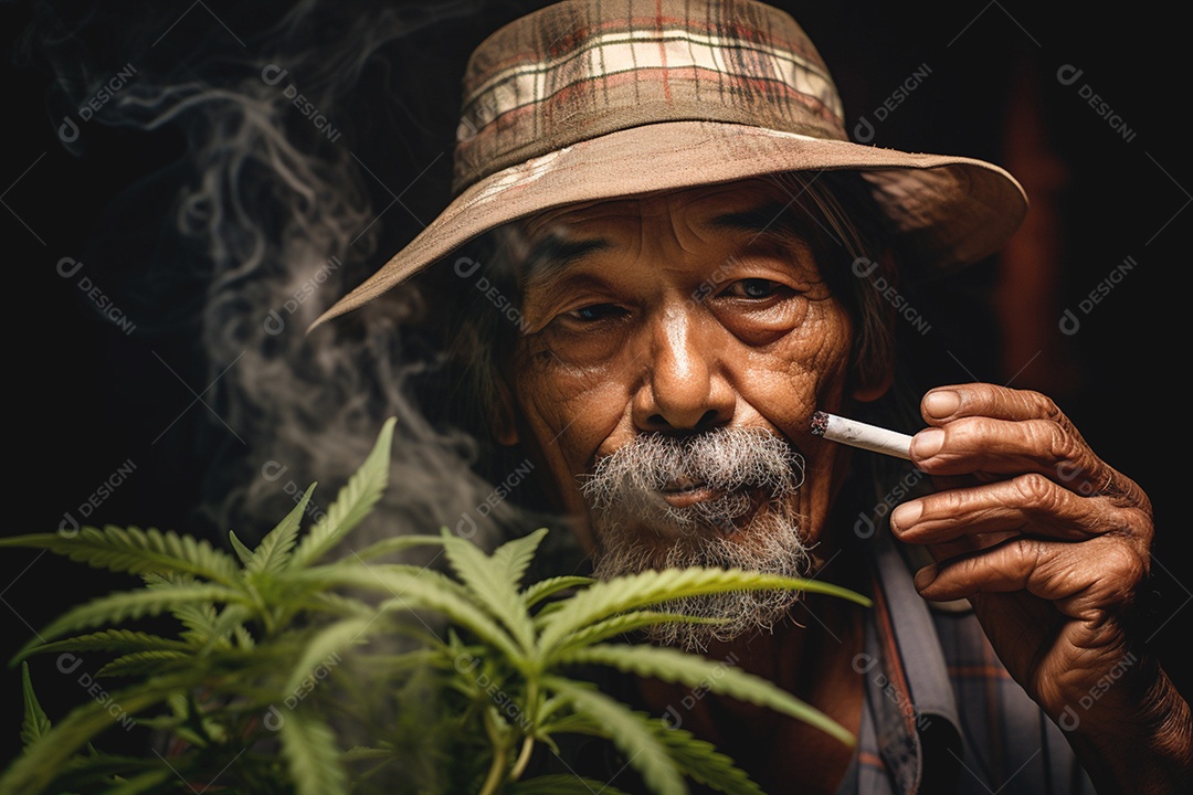 Um senhor segura maconha casualmente uma expressão relaxada no rosto