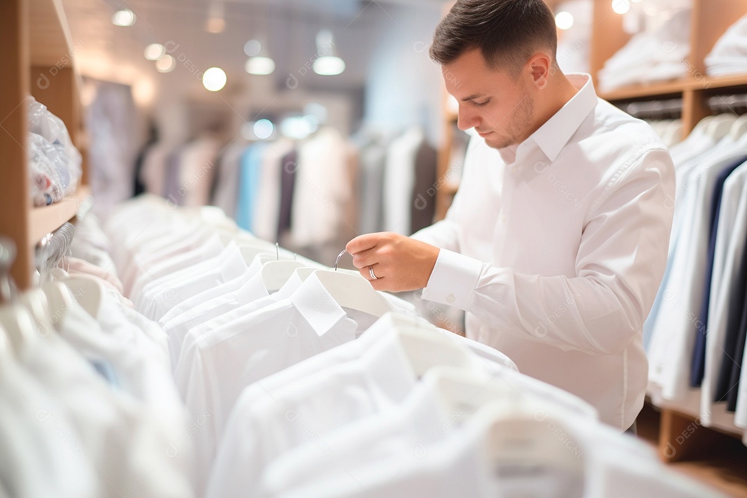 Um vendedor arrumando camisas brancas em cabides
