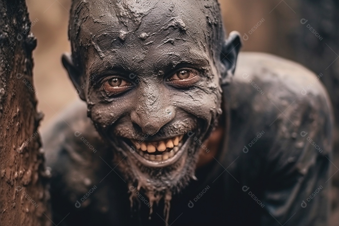 Homem todo enlamiado feliz na gincana