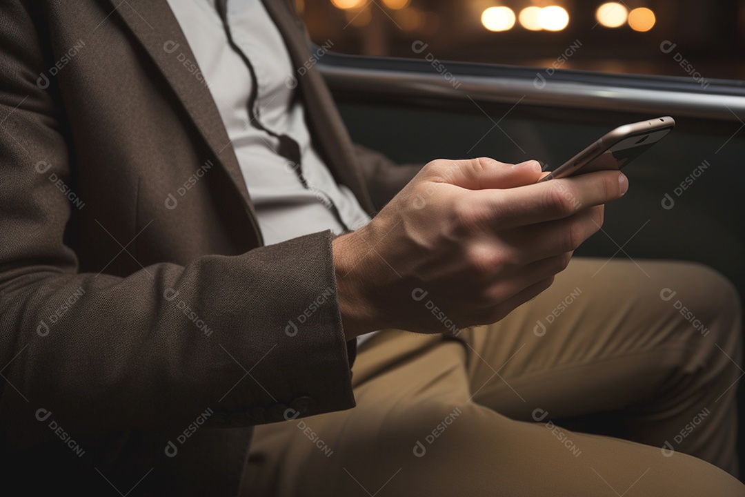 Corpo de um homem com trajes formal mexendo no celular