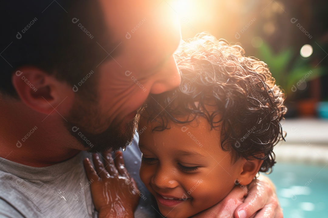 Um pai se divertindo na piscina com seu filho