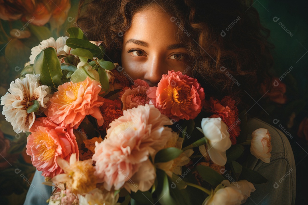 Uma linda morena segurando buquê de flores