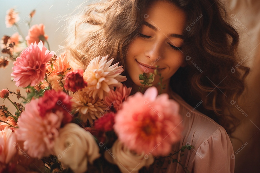 Uma linda mulher gentil com flores nas mãos