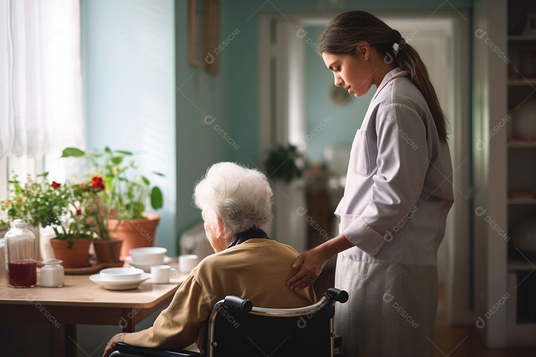 Ela garante o conforto do idoso, ajustando seus travesseiros com cuidado