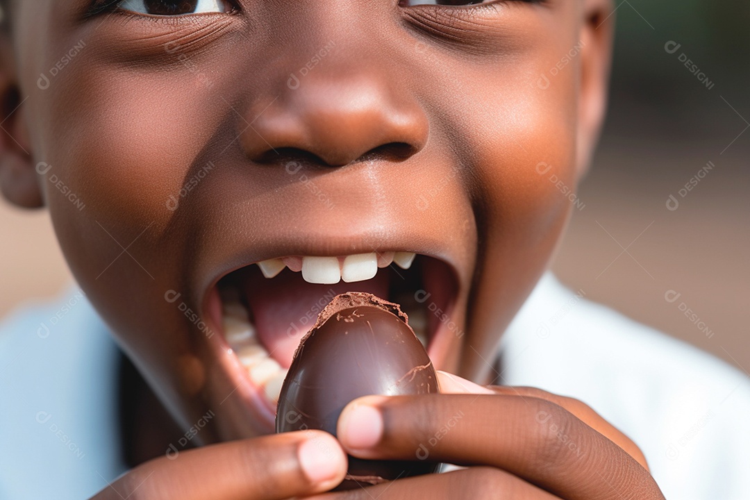 Garotinho adorando comer um chocolate