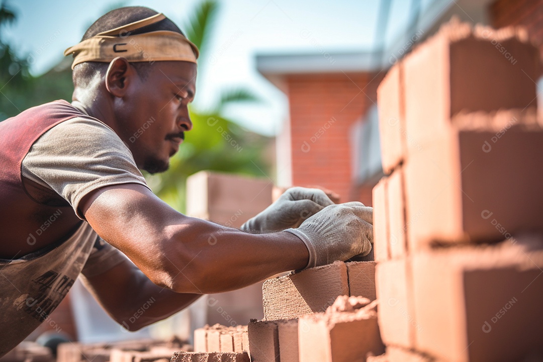 Um trabalhador da construção civil focado colocando tijolos em uma parede