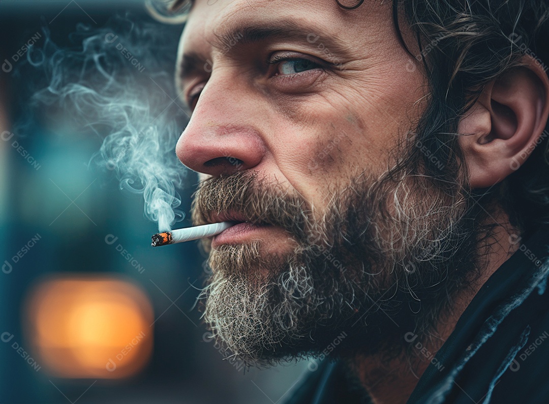 Homem fumando cigarro com muita fumaça