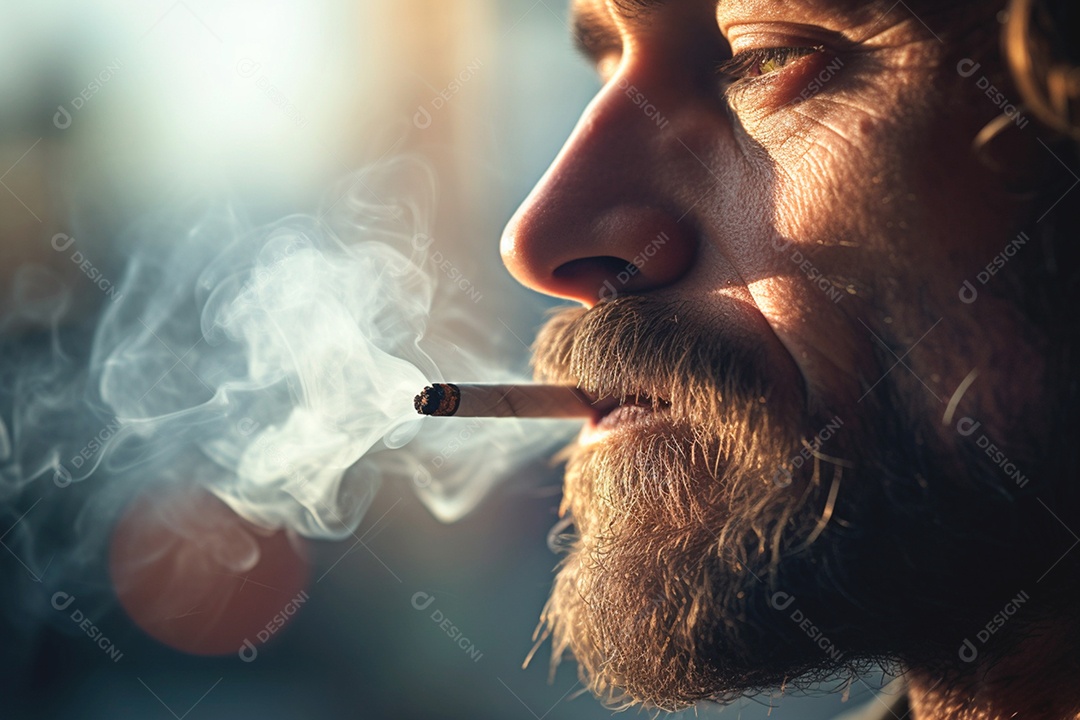 Homem fumando cigarro com muita fumaça
