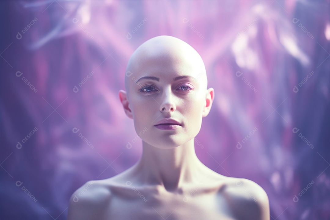 Uma mulher em tons de lilás defende a prevenção do câncer cervical