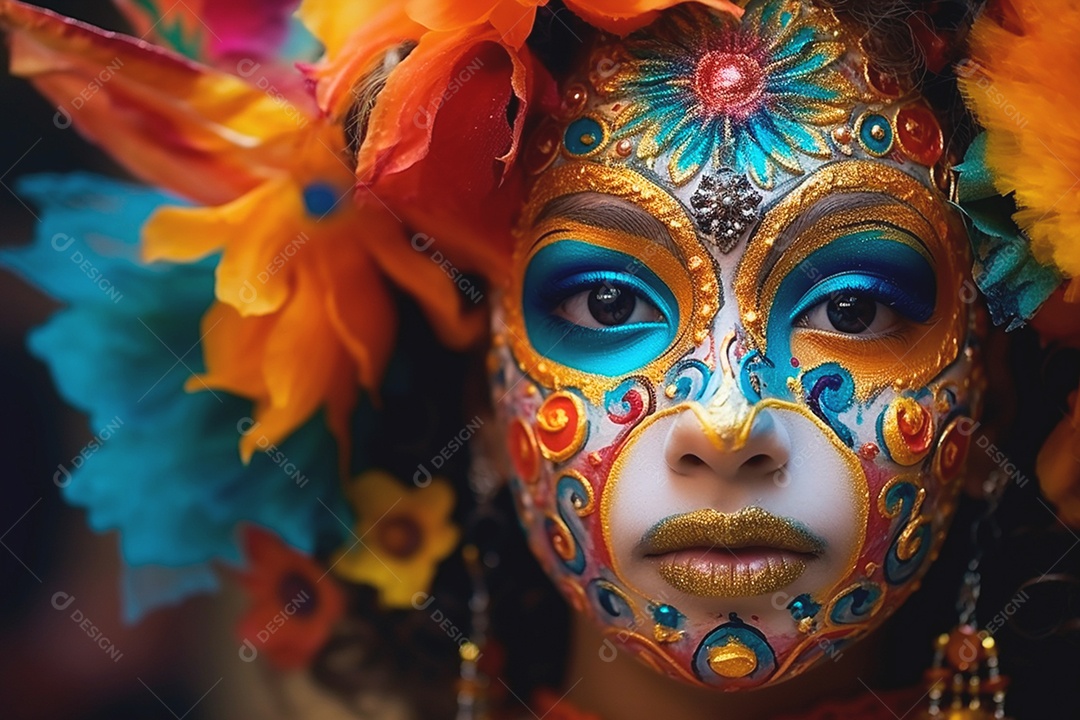 Jovem adornada com pintura facial vibrante de carnaval