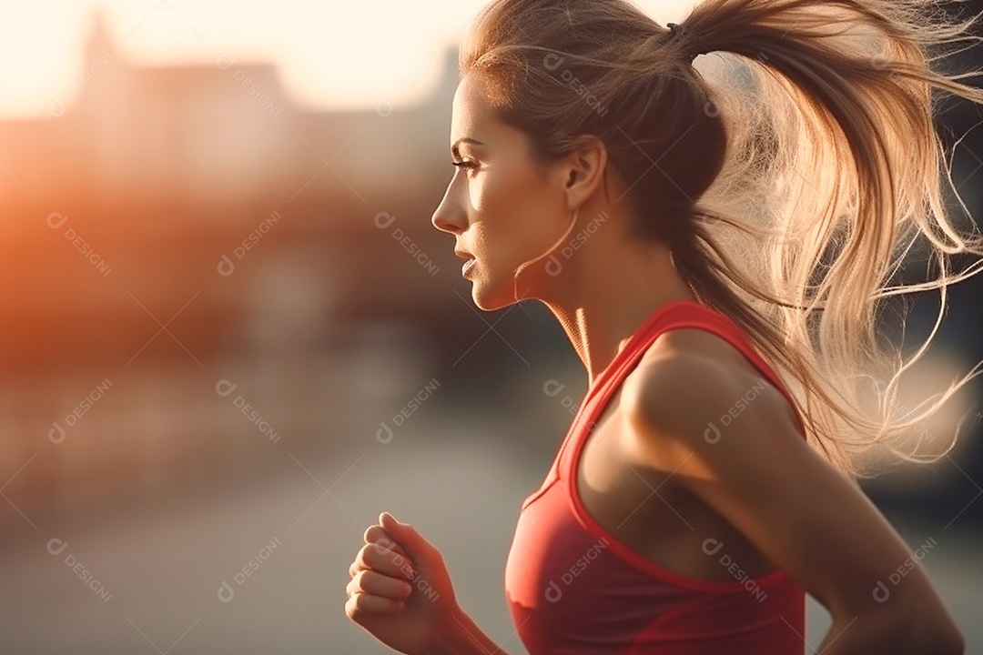 Uma mulher correndo na pista de atletismo