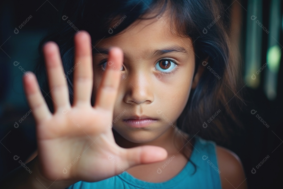 Criança mostrando sinal de stop defendendo a proteção infantil