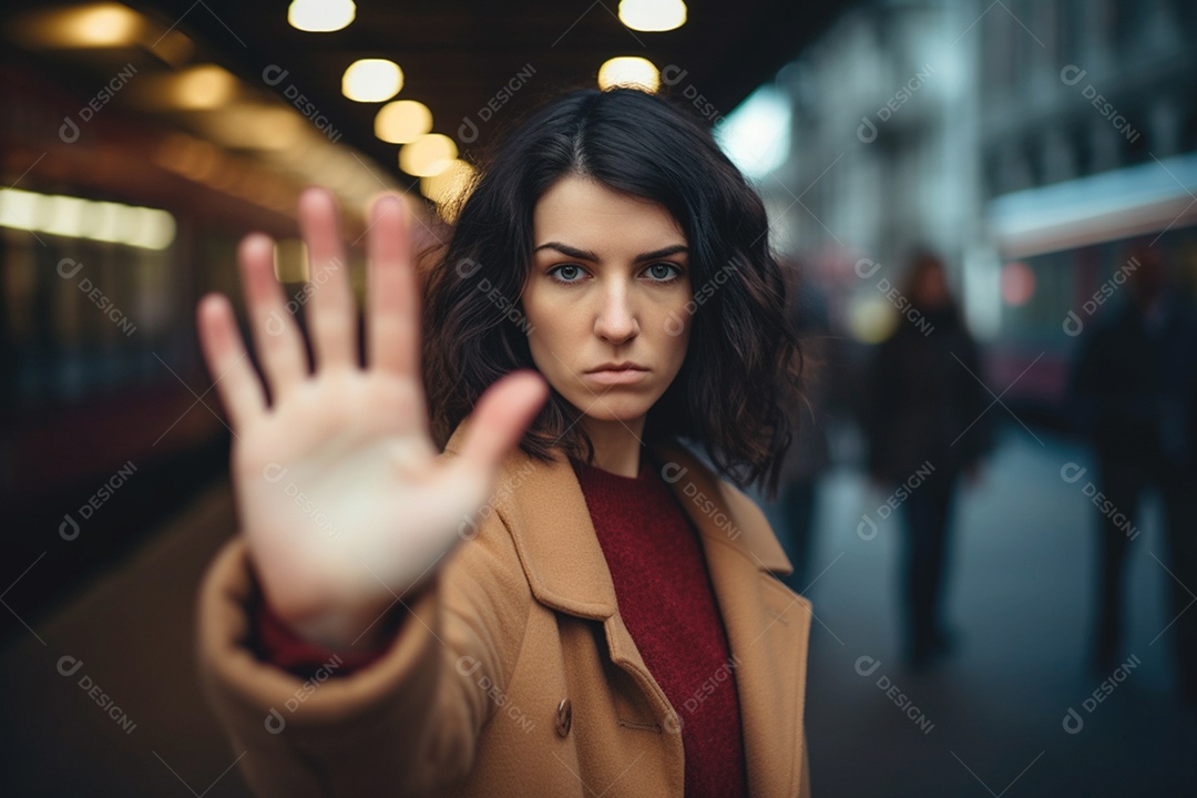 Mulher com mão para frente sinalizando pare com abusos