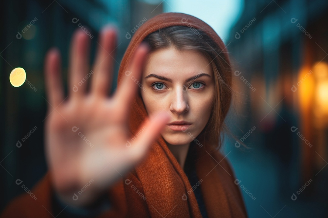 Uma mulher sinaliza desafiadoramente para parar o assédio