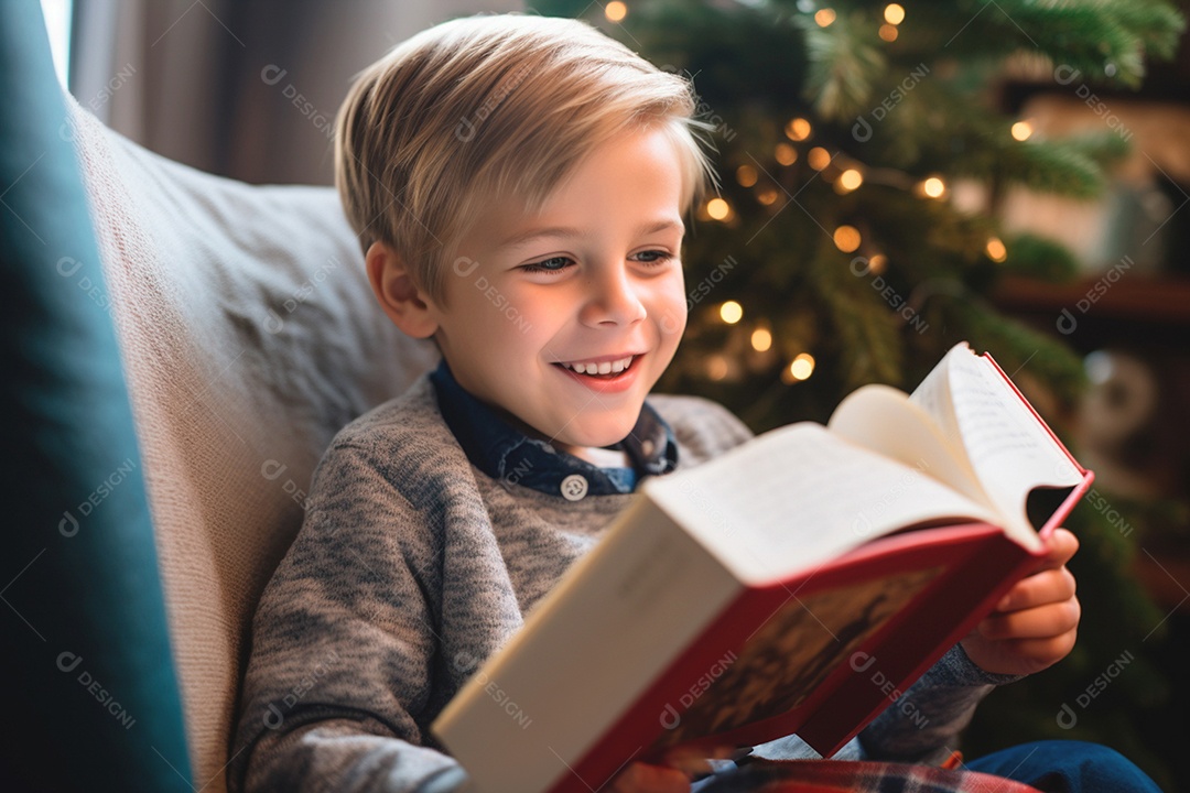 Um garotinho feliz lendo um livro