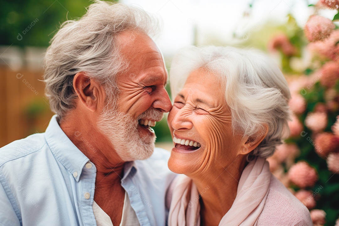 Casal de idosos maravilhosos proximo a um jardim lindo