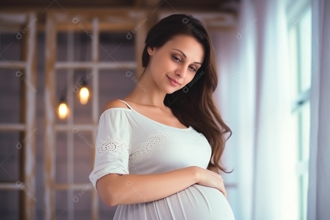 Mulher grávida olhando para barriga