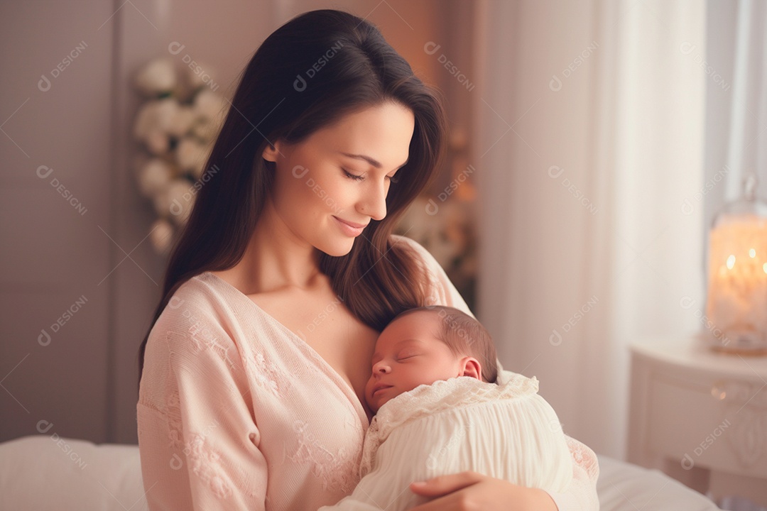 Mulher com seu bebê recém nascido lindo com muito amor