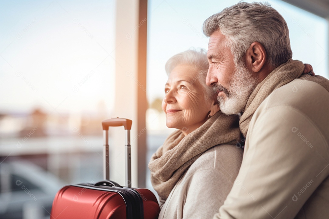 Casal de idosos lindo abraçados esperando seu voo