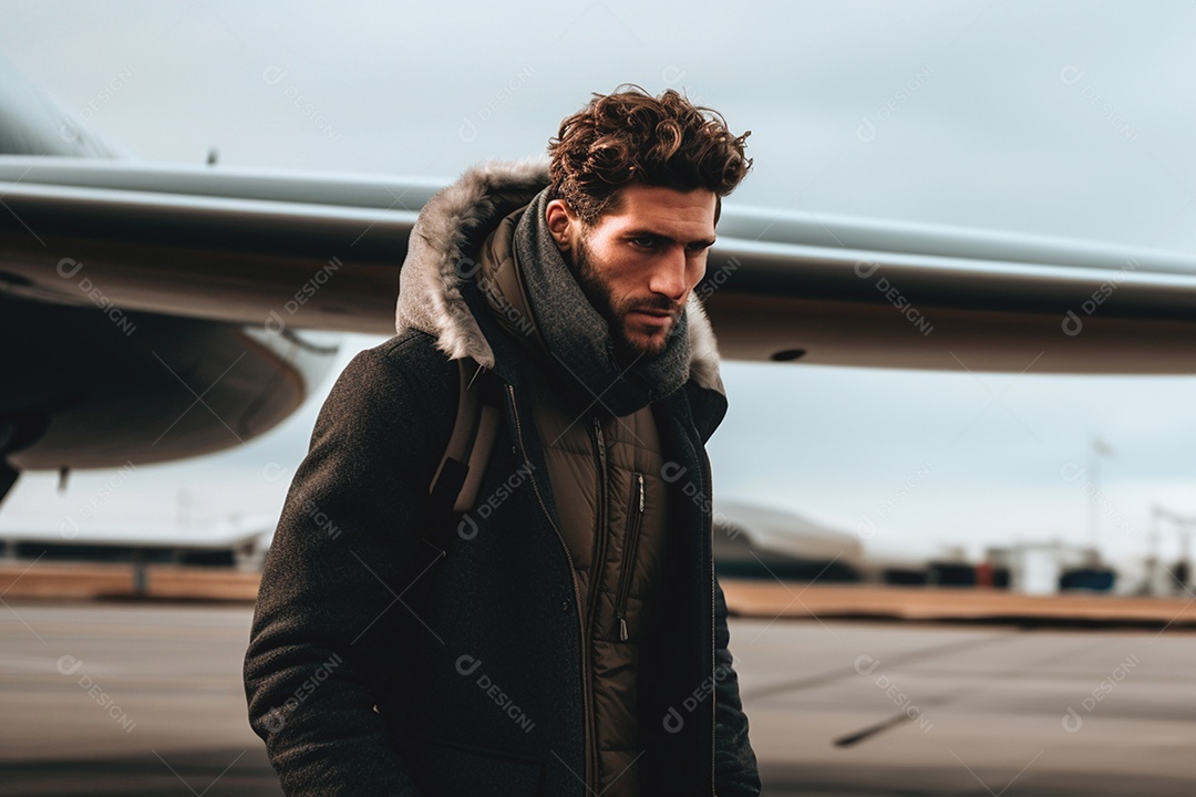 Homem empresário elegante desembarcando para viagem de negócios