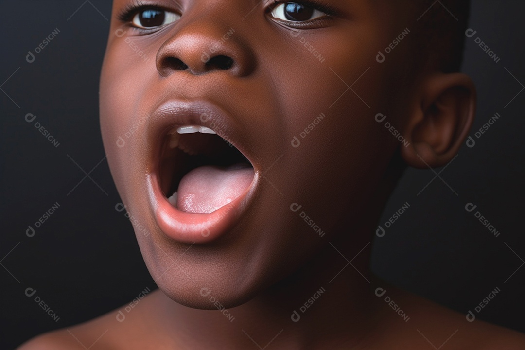 Um garotinho fofo com boca aberta mostrando seu dentes