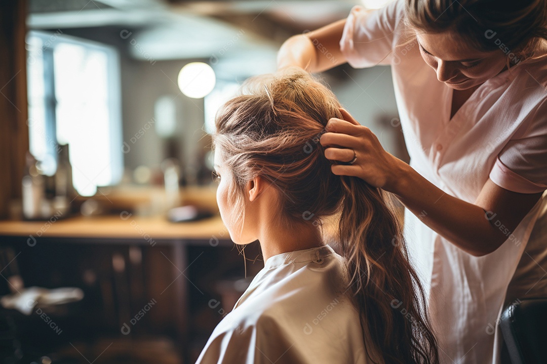 Salão de beleza cabelereira fazendo penteado