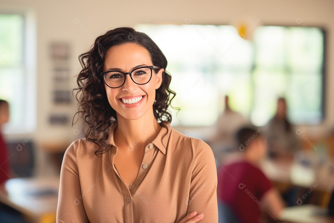 Educadora confiante sorrindo com cenário de sala de aula