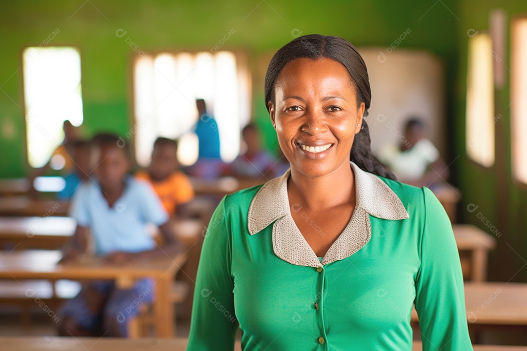 Professor alegre em meio a alunos desfocados comemorando o Dia do Professor