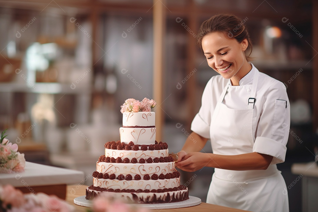 A confeiteira especialista decora intrincadamente um lindo bolo