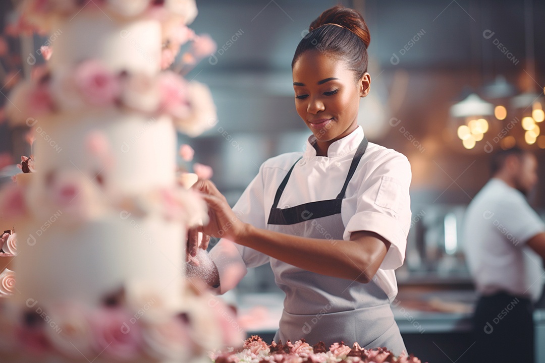 Uma confeiteira decora um bolo com precisão toque artístico à sua deliciosa criação