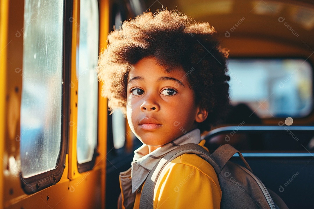Um garoto lindo embarcando no ônibos escolar