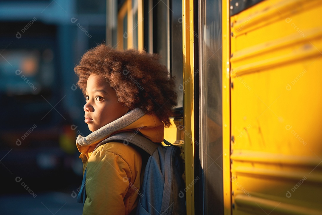 Garotinho embarcando no ônibos escolar