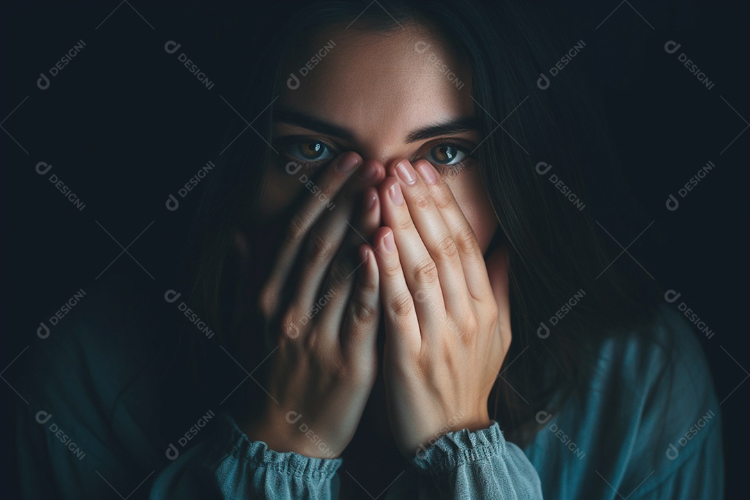 Mulher com as mãos no rosto muda de conceito de espanto