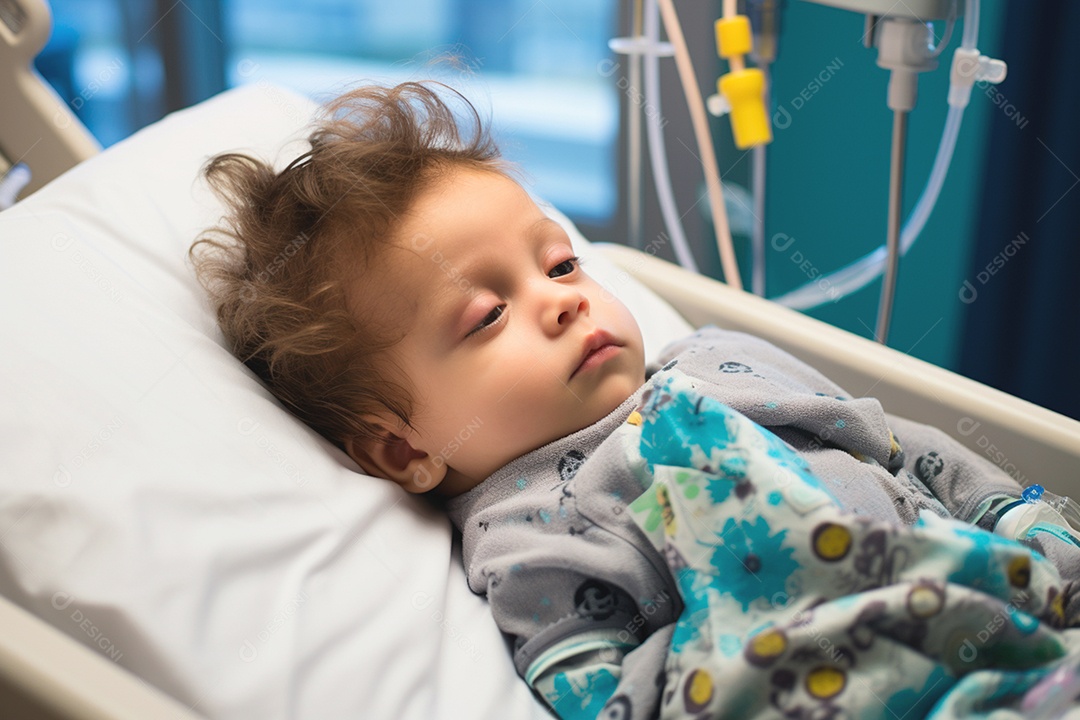 Criança triste reclinada no berço do hospital