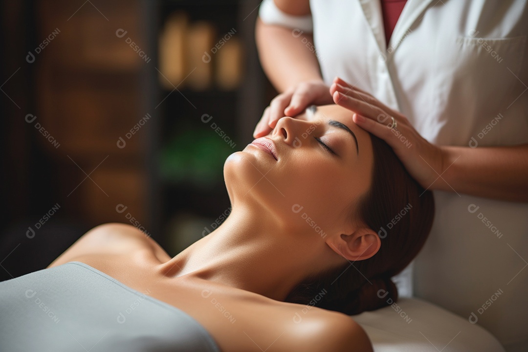Mulher fazendo massagem facial feita por um profissional especializado