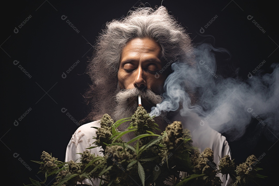 Um homem segurando um cigarro de cannabis exalando uma nuvem de fumaça
