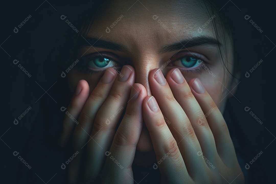 Mulher com as mãos no rosto muda de conceito de espanto