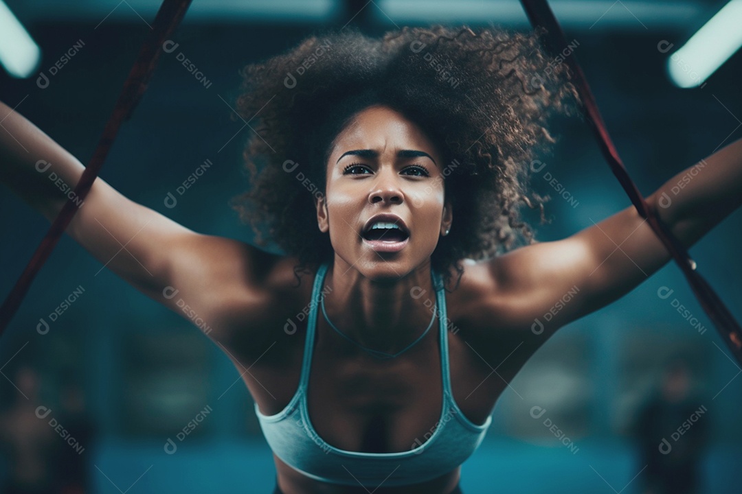 A força irradia de uma mulher enquanto ela enfrenta um circuito de crossfit