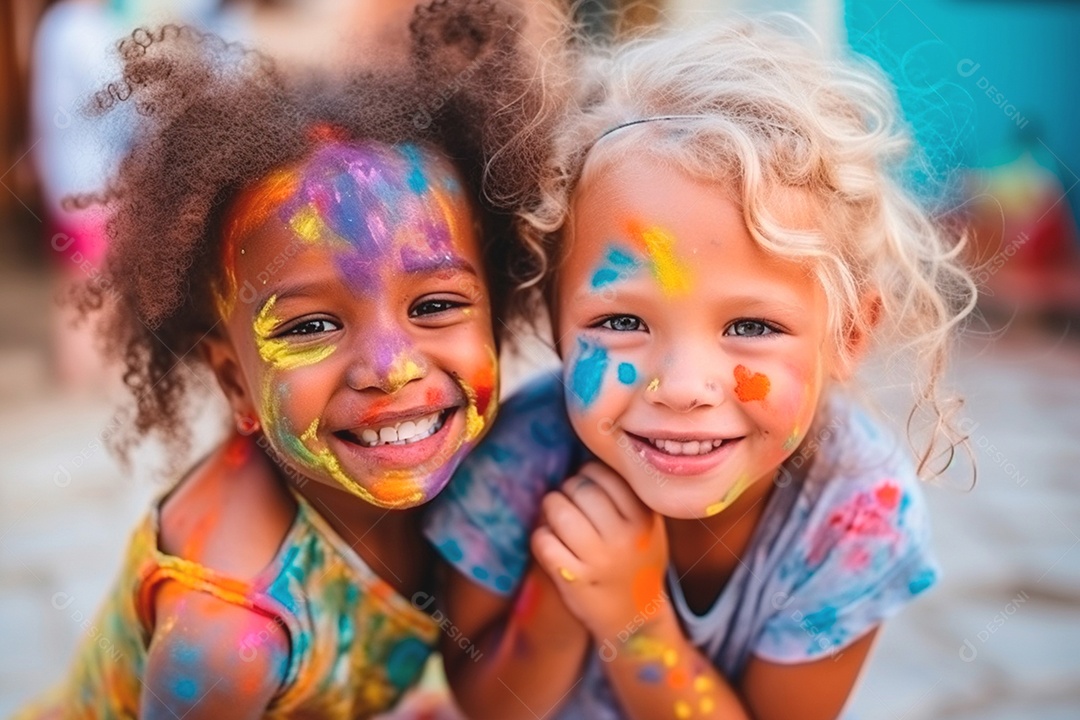 Duas crianças lindas pintadas de tintas coloridas