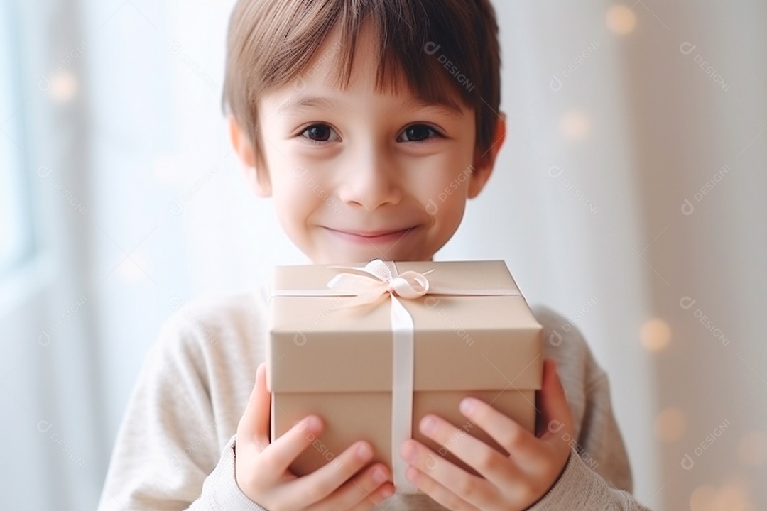 Um garotinho lindo segurando caixa de presente