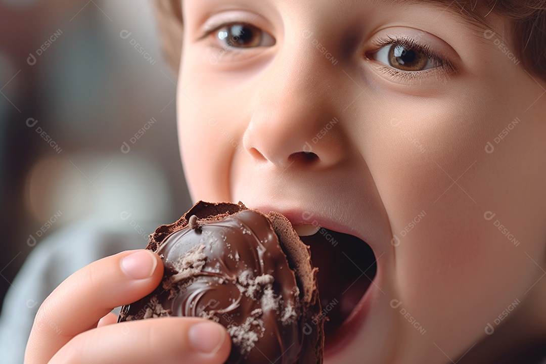 Garotinho adorando comer um chocolate