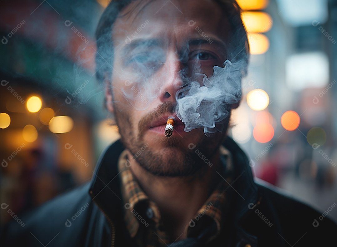 Jovem homem fumando cigarro com muita fumaça