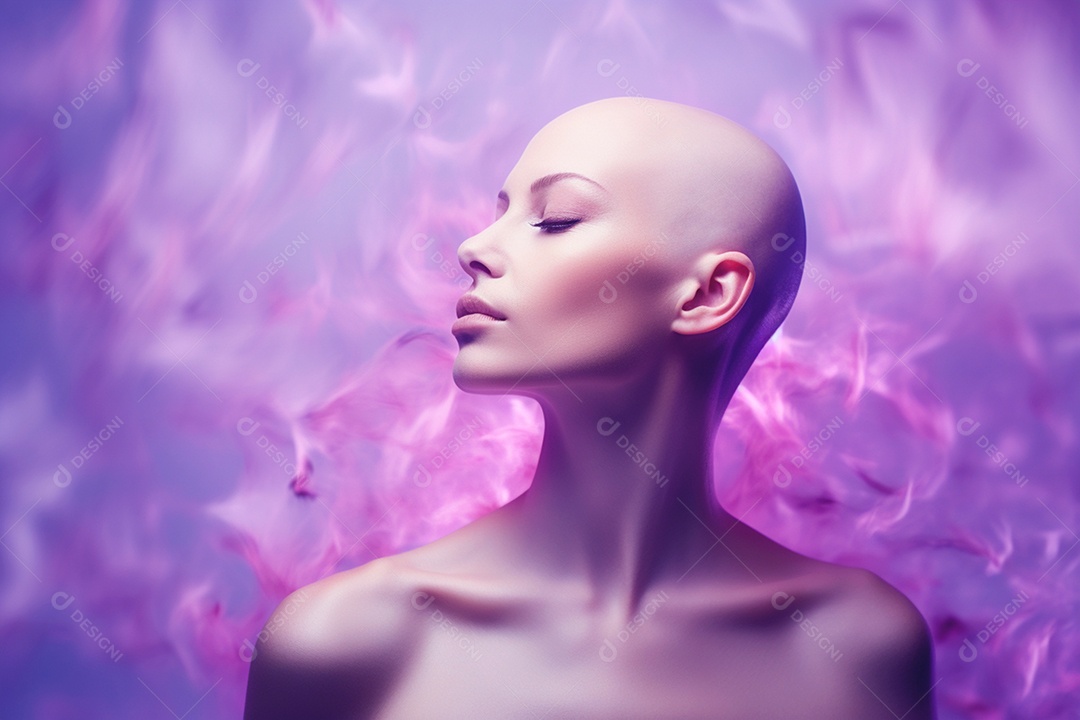 Uma mulher em tons de lilás defende a prevenção do câncer cervical