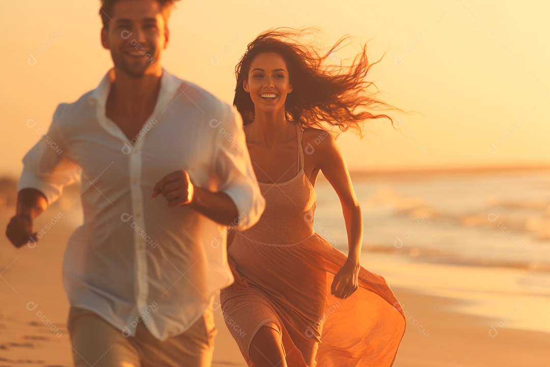 Lindo casal correndo na praia