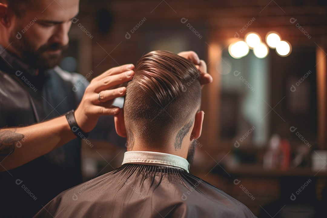 No espelho o homem observa a transformação de seu penteado